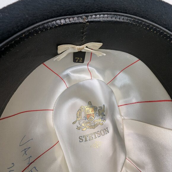 Vintage STETSON Sovereign Black Felt Men's Fedora Feathered Hat Sz 7 3/8 - Picture 7 of 17